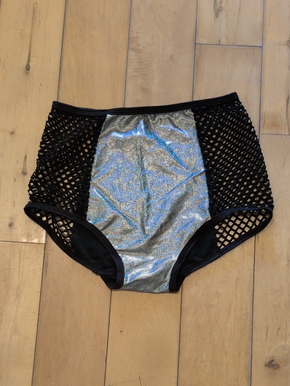 Silver Shimmer and Black Fishnet High Waist Booty Shorts